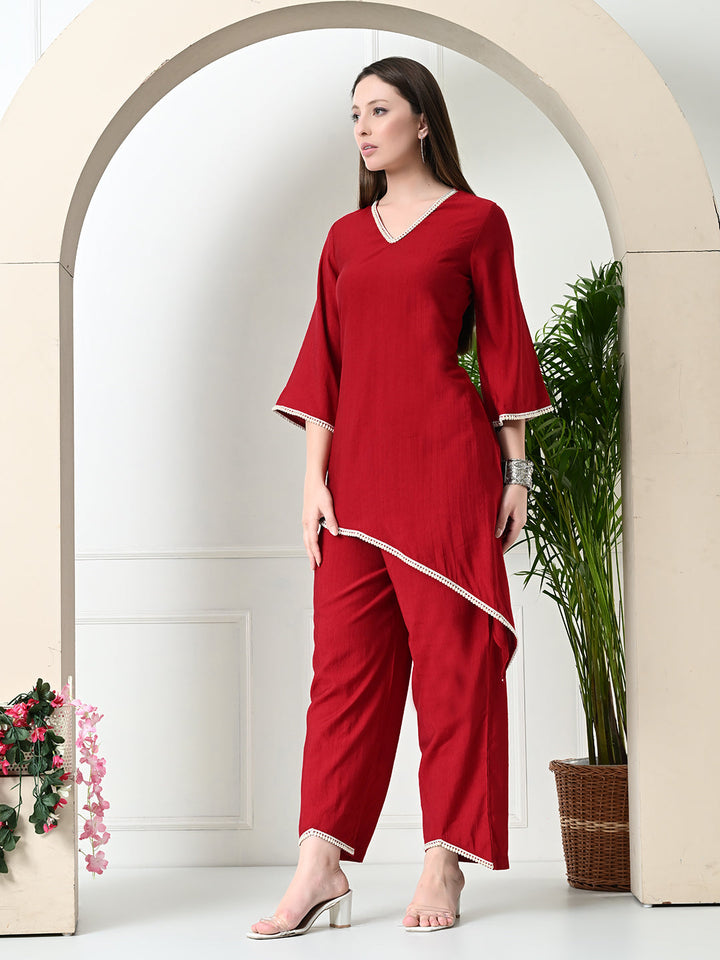 Myshka Women's Red colour Co-ord set with Lace