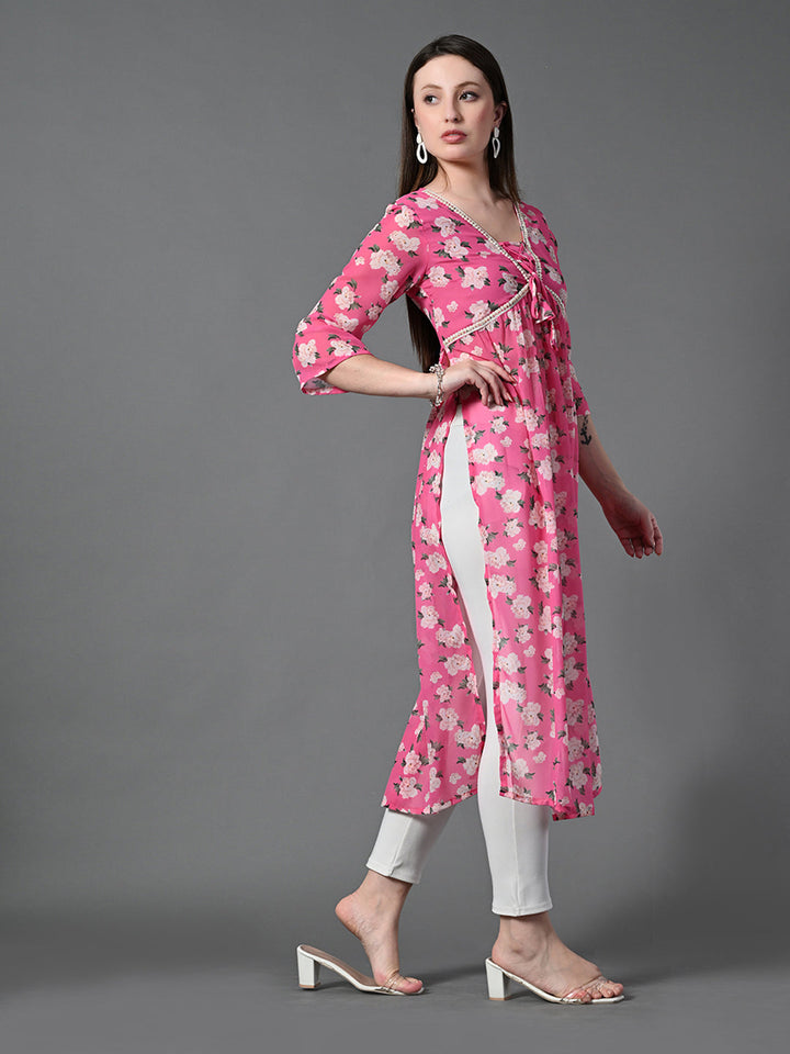 Myshka Women's Pink Printed Georgette A-Line Nyra-cut Kurta