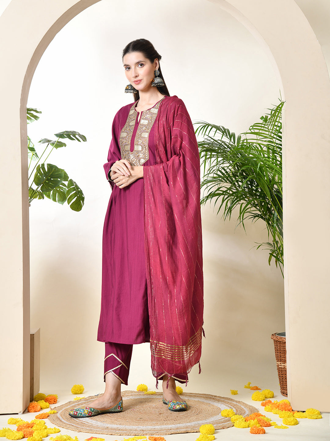 Women's Embroidered Keyhole Neck Bell Sleeves Kurta & Palazzos With Dupatta Sets in Magenta Colour