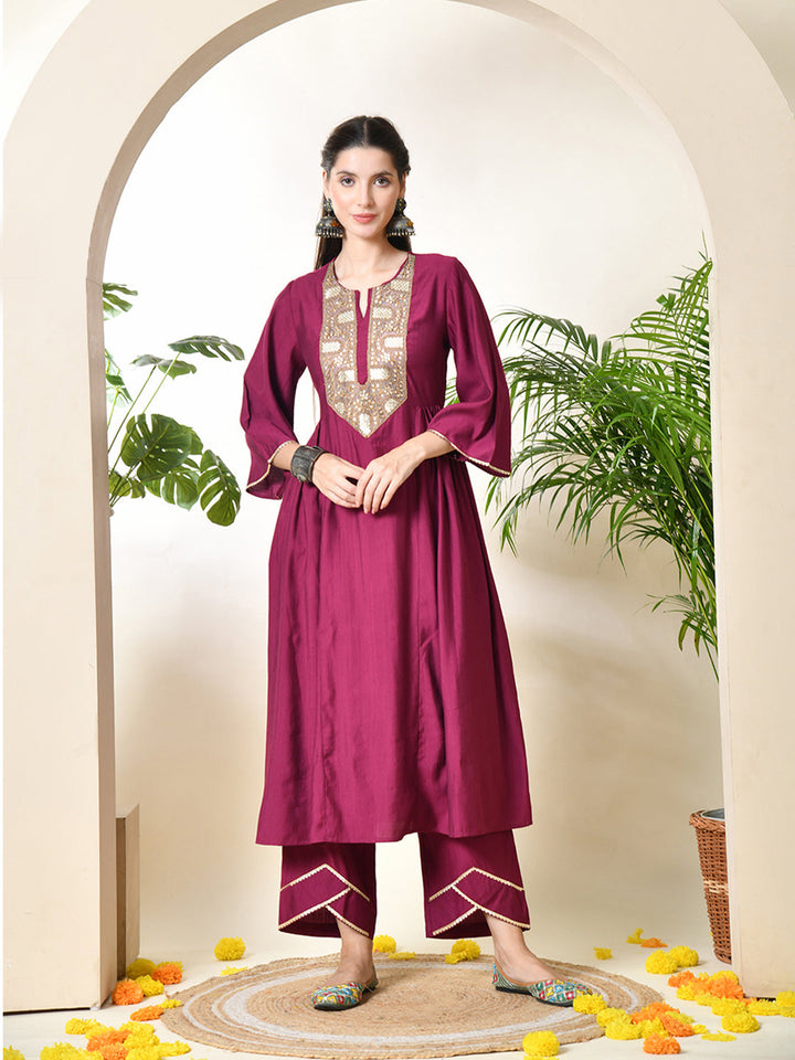 Women's Embroidered Keyhole Neck Bell Sleeves Kurta & Palazzos With Dupatta Sets in Magenta Colour