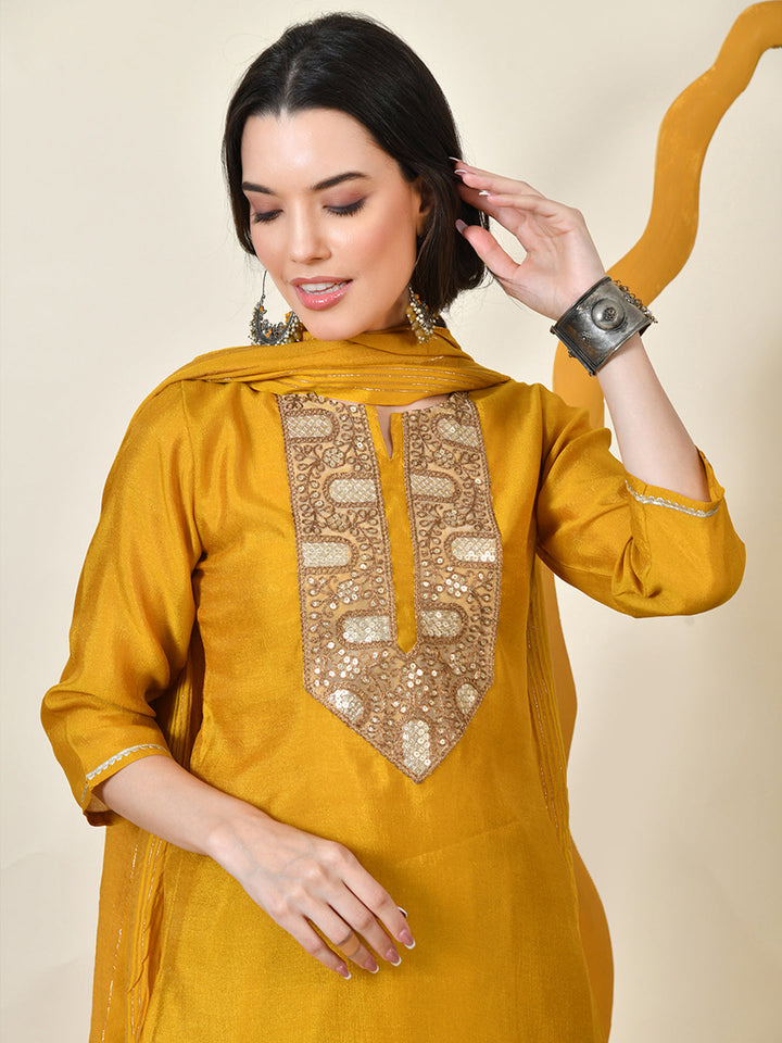 Women's Embroidered Keyhole Neck Bell Sleeves Kurta & Palazzos With Dupatta Sets in Yellow Colour