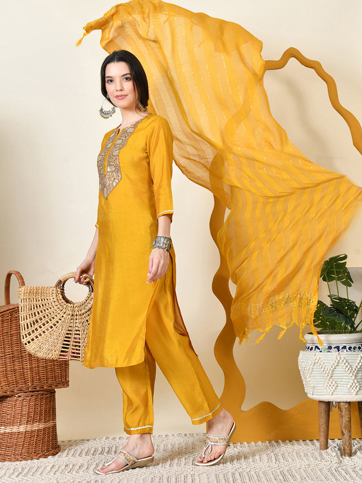 Women's Embroidered Keyhole Neck Bell Sleeves Kurta & Palazzos With Dupatta Sets in Yellow Colour