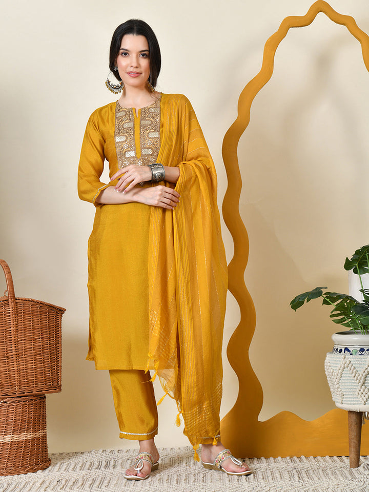 Women's Embroidered Keyhole Neck Bell Sleeves Kurta & Palazzos With Dupatta Sets in Yellow Colour