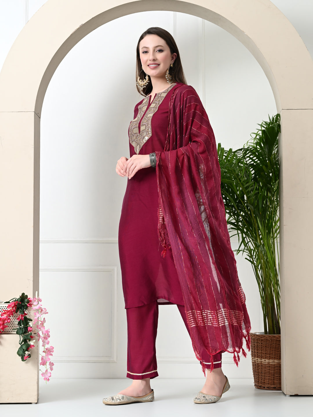 Women's Embroidered Keyhole Neck Bell Sleeves Kurta & Palazzos With Dupatta Sets in Magenta Colour