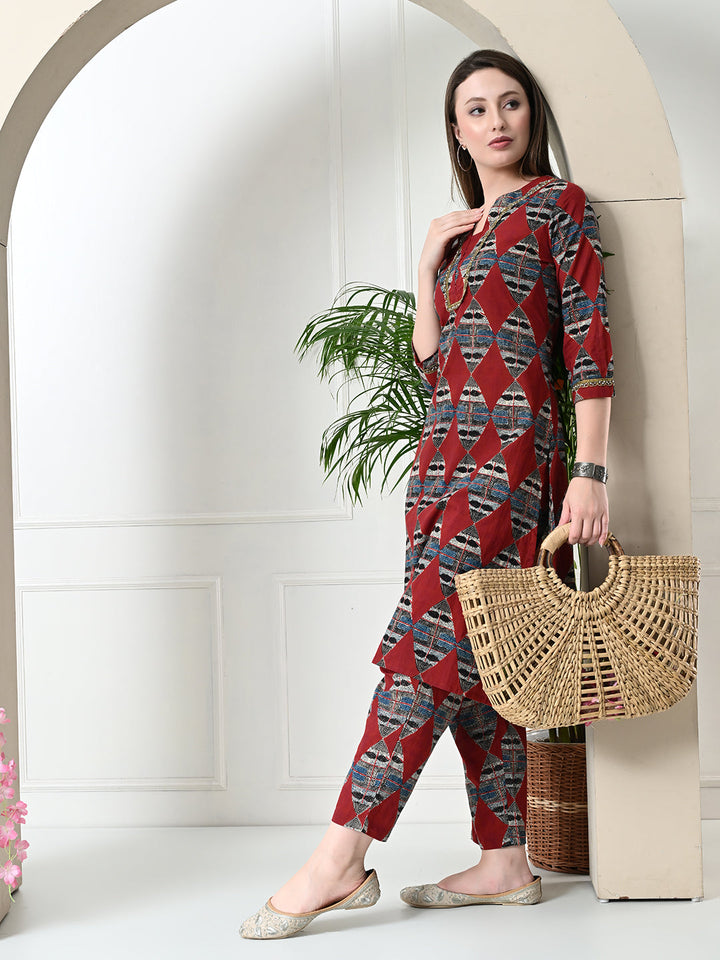 Myshka Women's Block Printed Cotton Straight Party Kurta Sets
