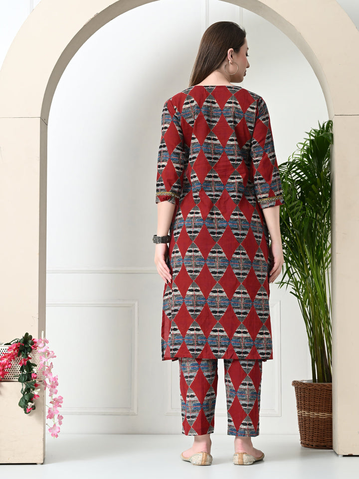 Myshka Women's Block Printed Cotton Straight Party Kurta Sets