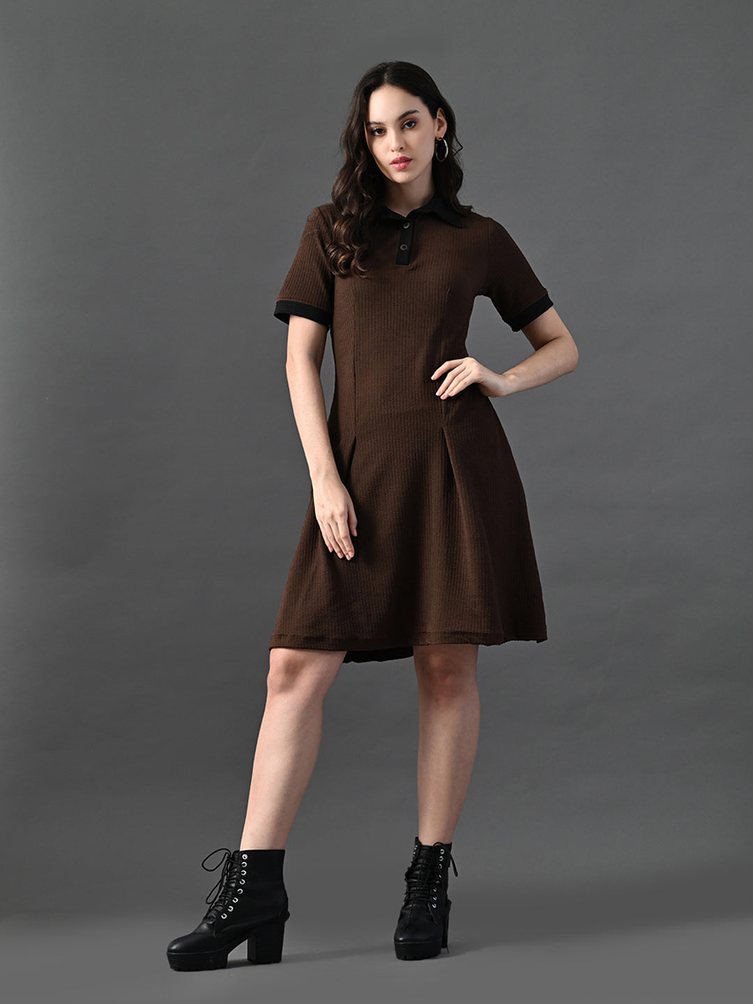 Myshka Women's Coffe Brown Collared Dress