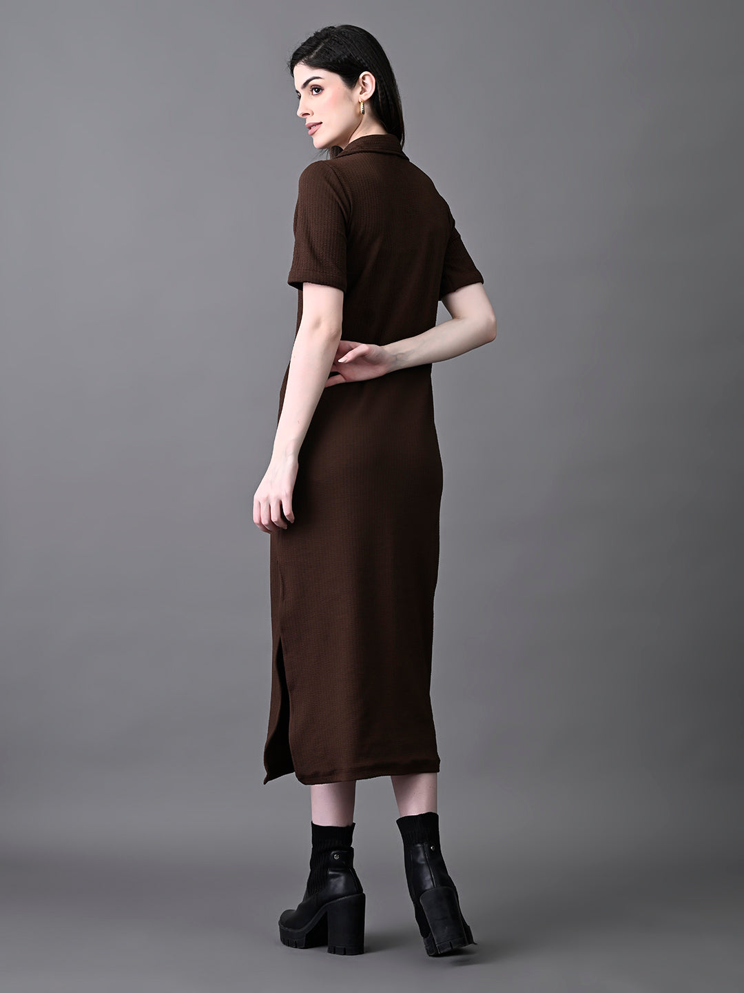 Myshka Women's Elegant Coffe Midi Dress With Collared Neckline