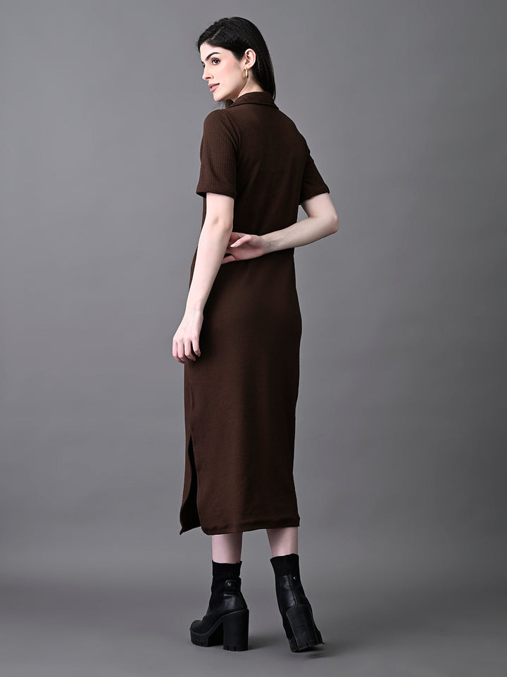 Myshka Women's Elegant Coffe Midi Dress With Collared Neckline