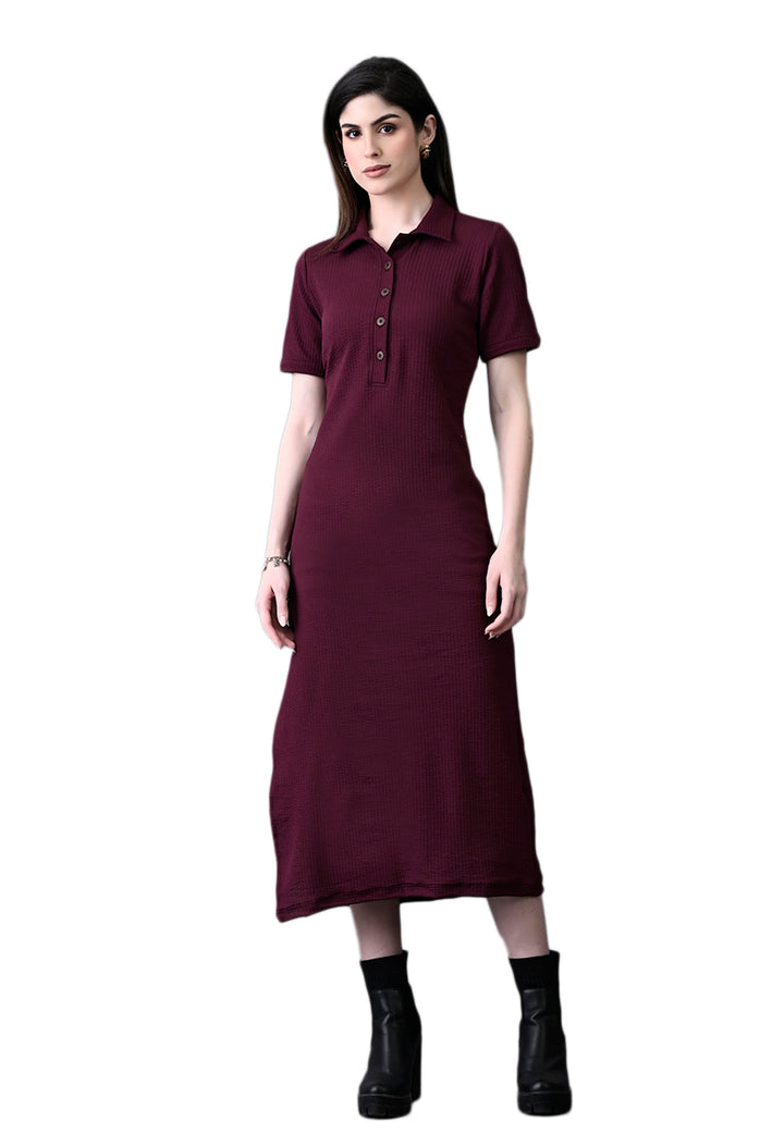 Myshka Women's Elegant Magenta Midi Dress With Collared Neckline