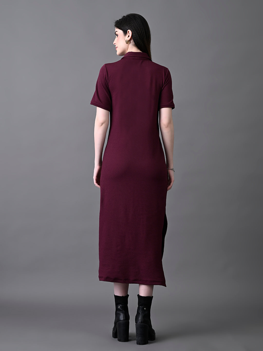 Myshka Women's Elegant Magenta Midi Dress With Collared Neckline