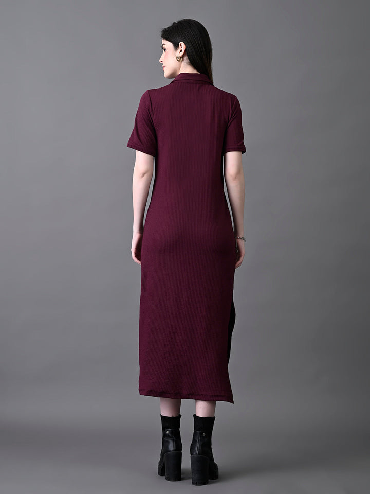 Myshka Women's Elegant Magenta Midi Dress With Collared Neckline