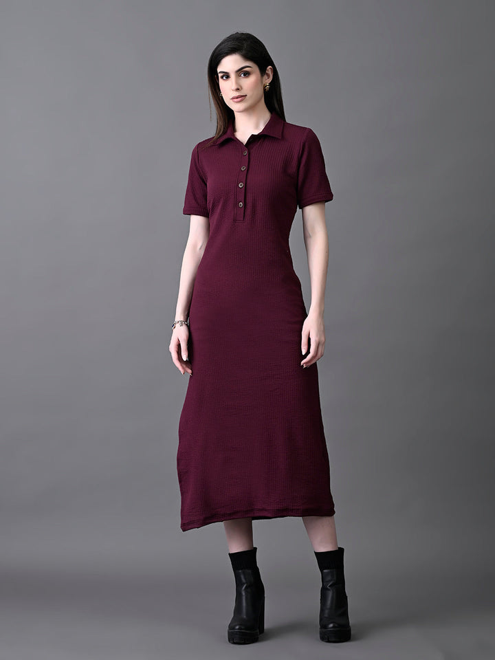 Myshka Women's Elegant Magenta Midi Dress With Collared Neckline
