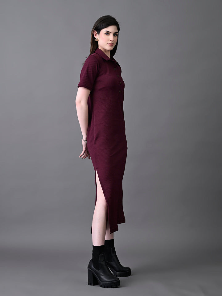 Myshka Women's Elegant Magenta Midi Dress With Collared Neckline