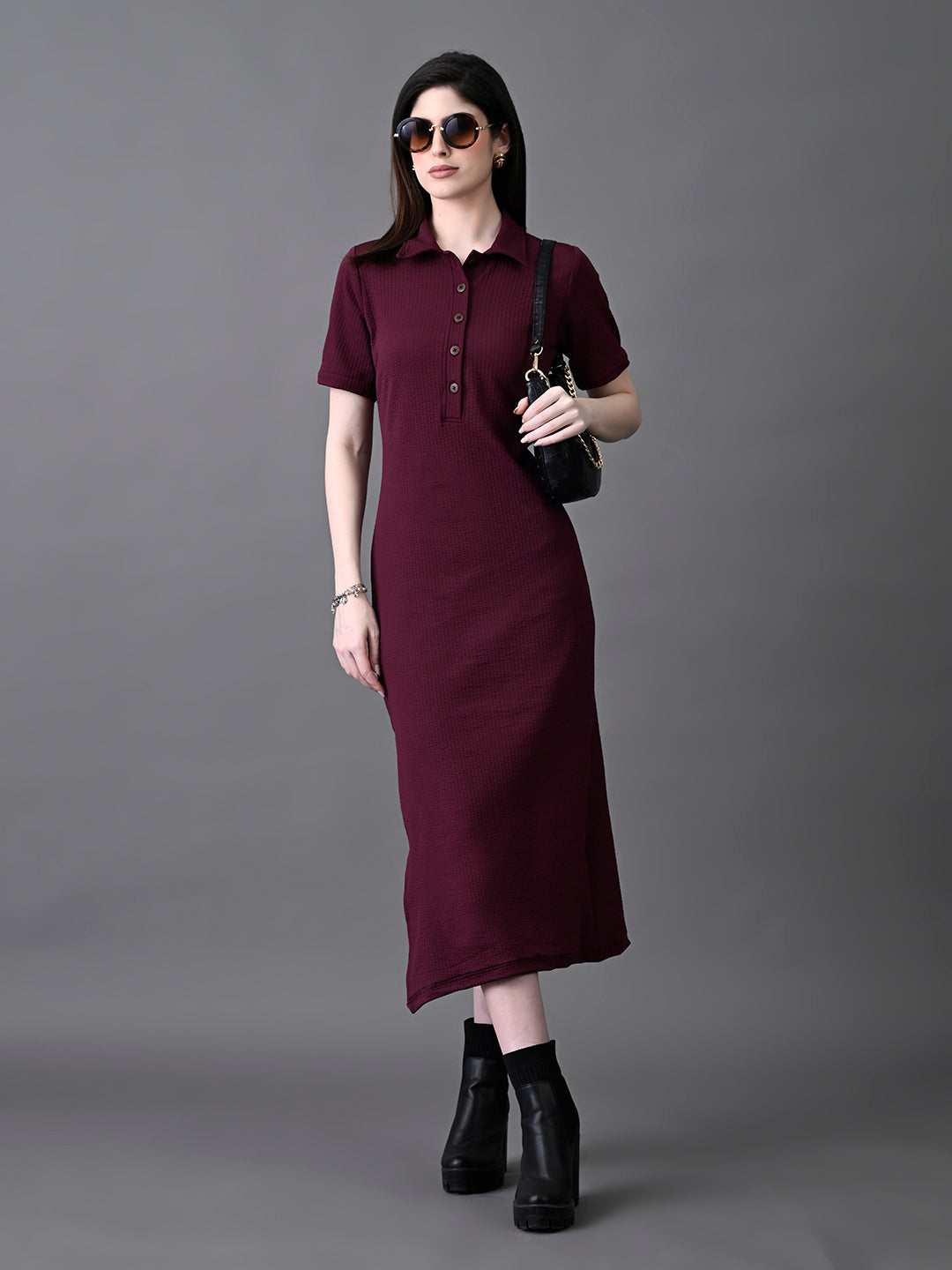 Myshka Women's Elegant Magenta Midi Dress With Collared Neckline