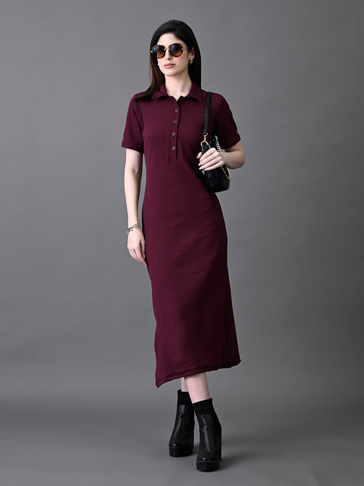 Myshka Women's Elegant Magenta Midi Dress With Collared Neckline