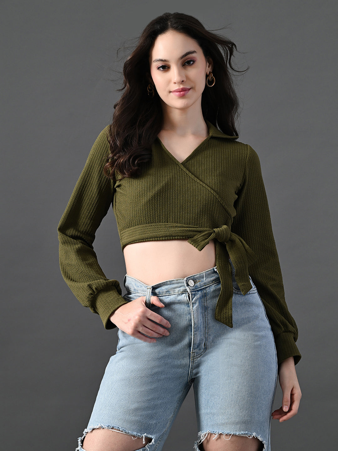 Myshka Women's Stylish Olive Green Wrap Crop Top With Full Sleeves