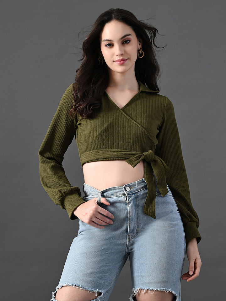 Myshka Women's Stylish Olive Green Wrap Crop Top With Full Sleeves