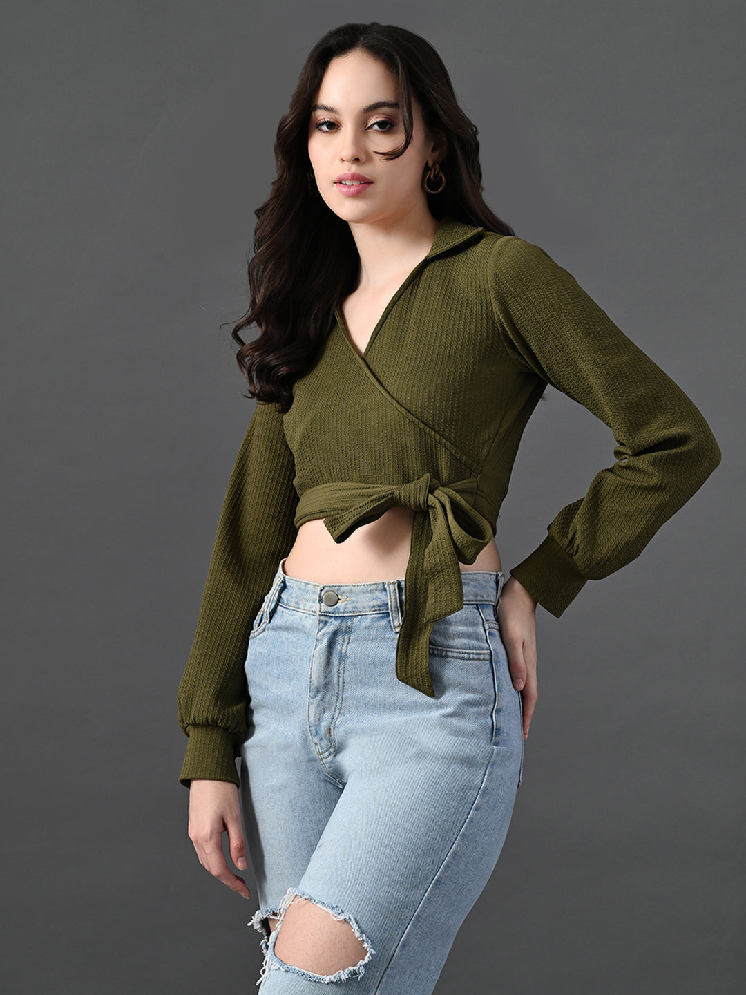 Myshka Women's Stylish Olive Green Wrap Crop Top With Full Sleeves