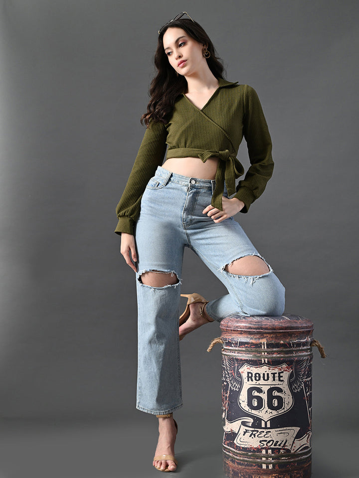 Myshka Women's Stylish Olive Green Wrap Crop Top With Full Sleeves