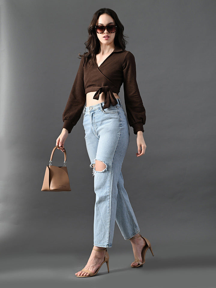 Myshka Women's Stylish Coffe Wrap Crop Top With Full Sleeves