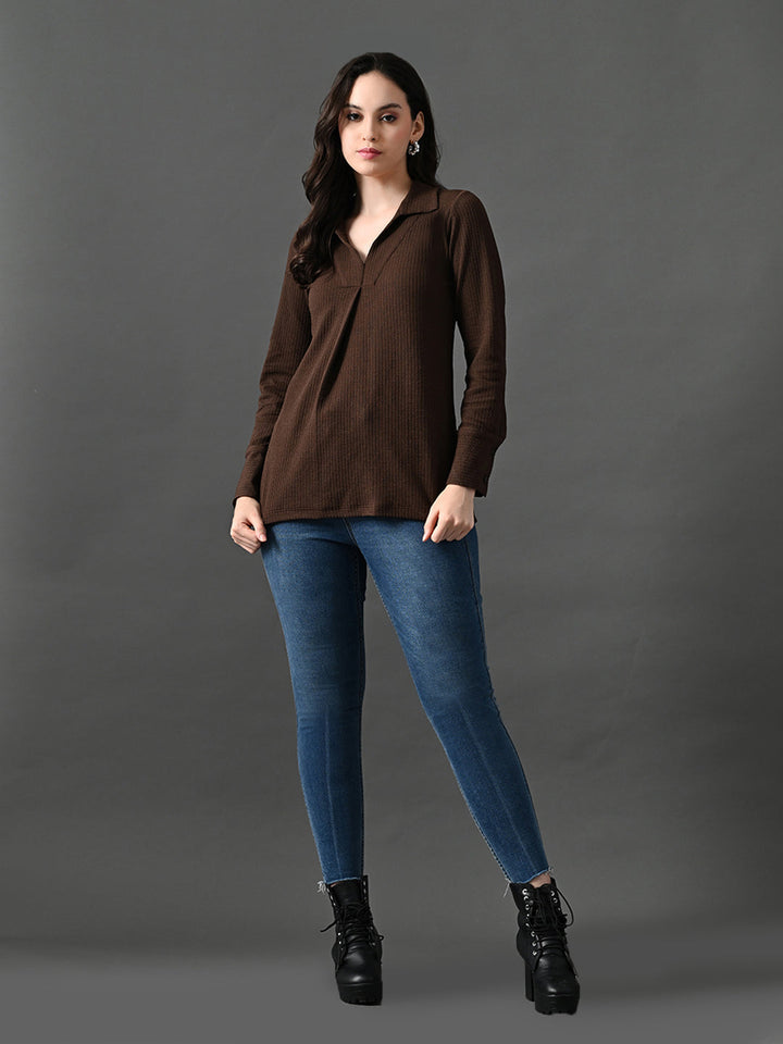Myshka Women's Classic Coffe Brown V-Neck Full Sleeve Top For Daily Wear