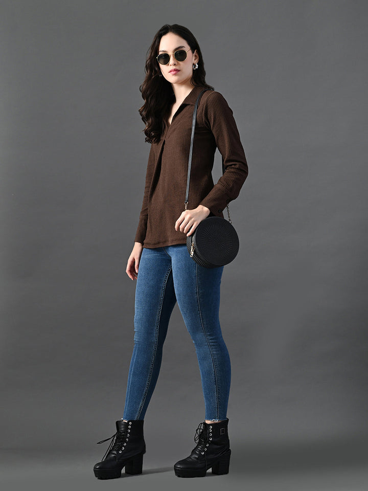 Myshka Women's Classic Coffe Brown V-Neck Full Sleeve Top For Daily Wear