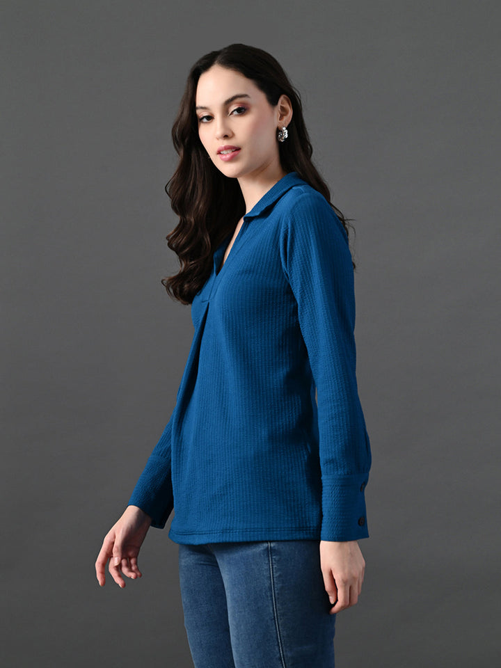 Myshka Women's Classic Blue V-Neck Full Sleeve Top For Daily Wear