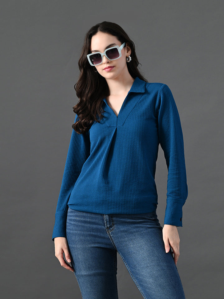Myshka Women's Classic Blue V-Neck Full Sleeve Top For Daily Wear