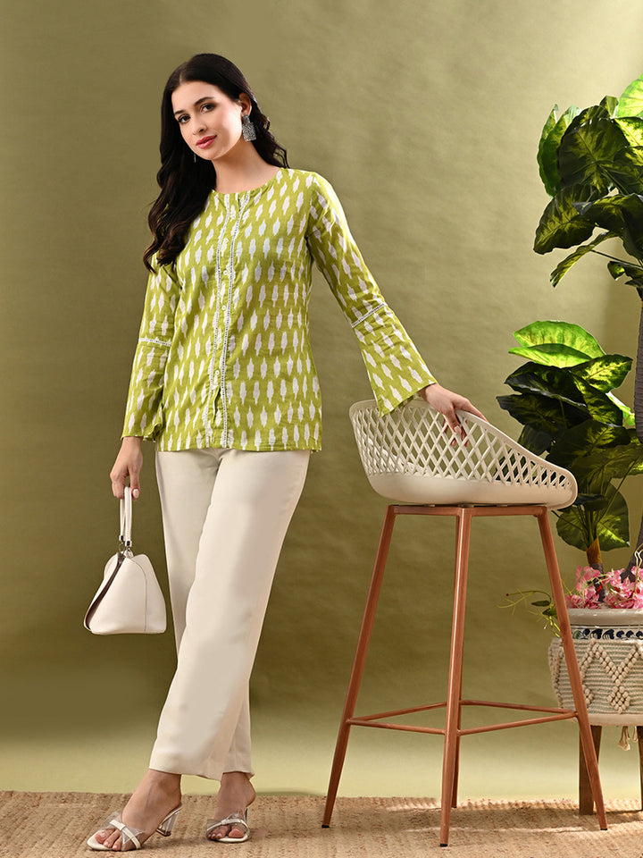 Myshka Women's Green Printed Tunic With Lace