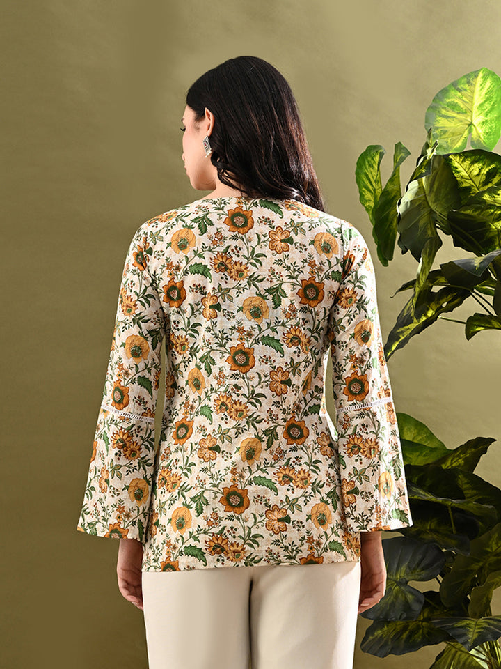 Myshka Women's Green Flower Printed Tunic With Lace