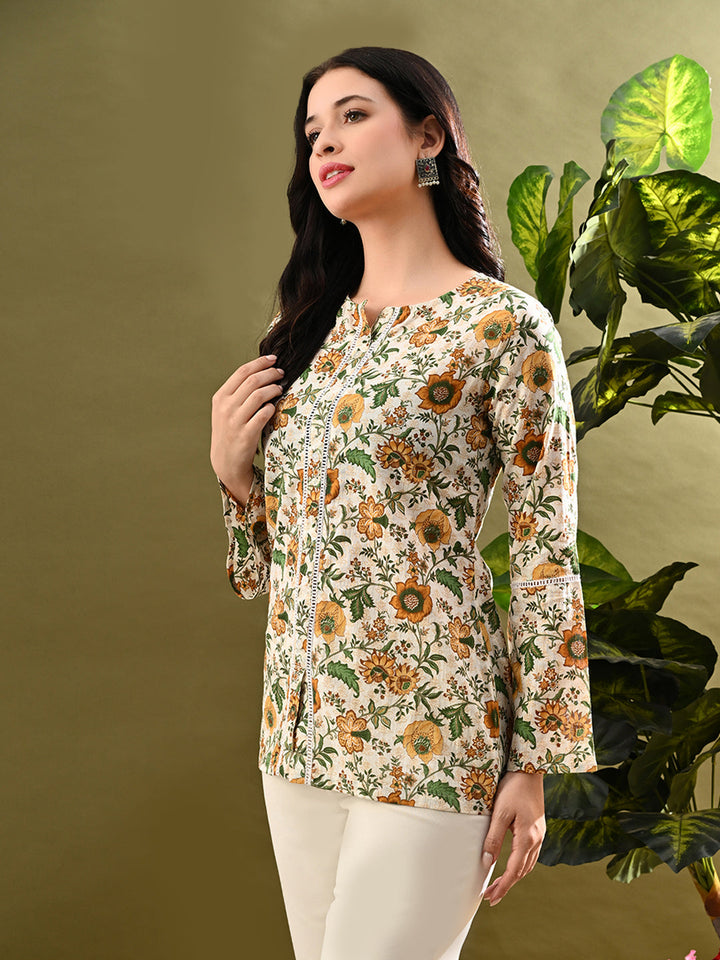 Myshka Women's Green Flower Printed Tunic With Lace