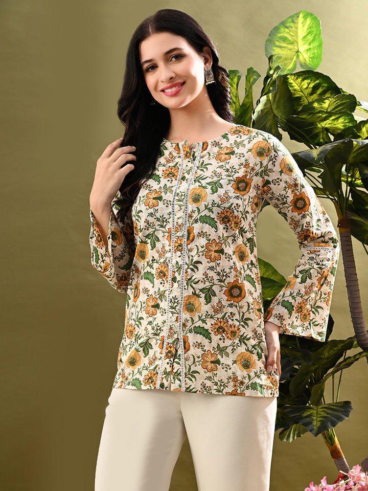 Myshka Women's Green Flower Printed Tunic With Lace