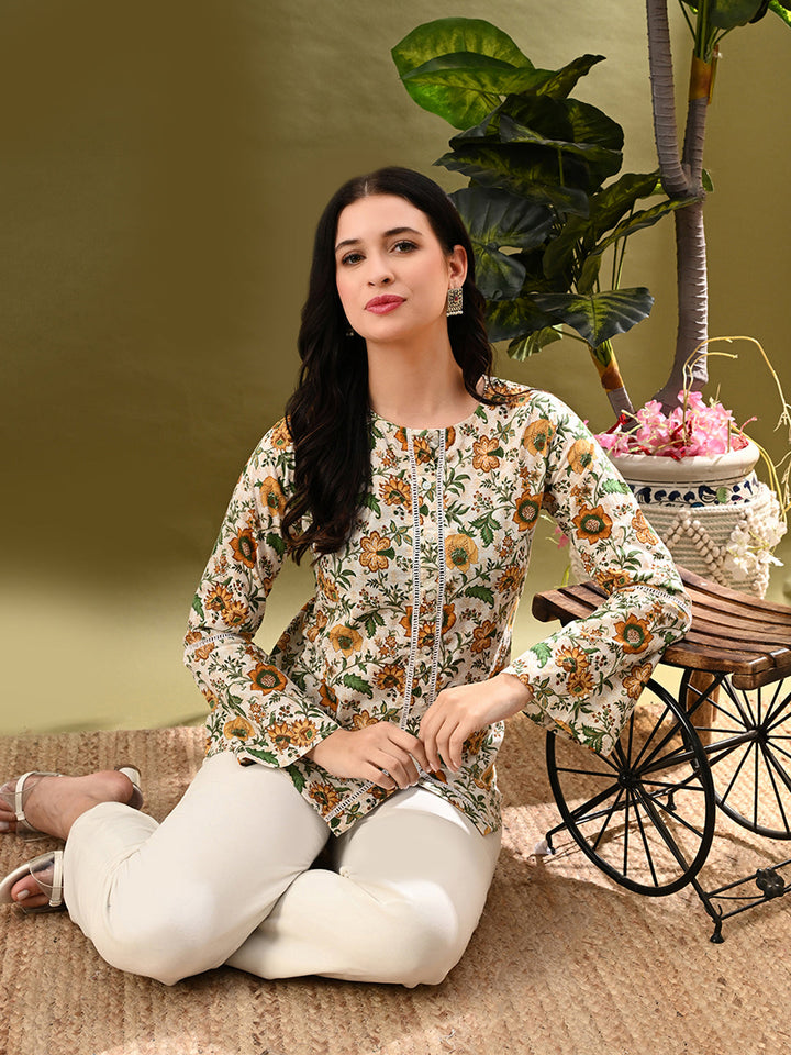 Myshka Women's Green Flower Printed Tunic With Lace