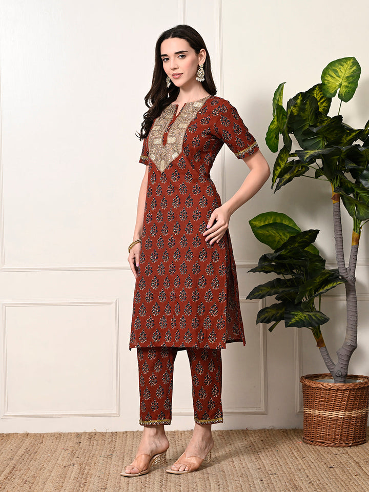 Myshka Women's Cotton Red Printed Kurta Set
