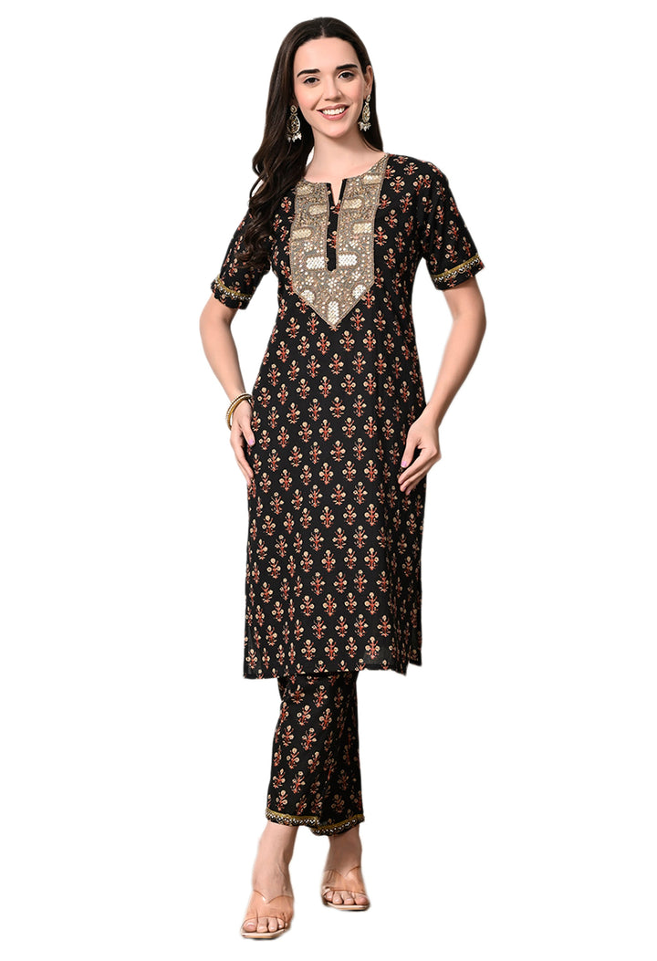 Myshka Women's Cotton Black Printed Kurta Set