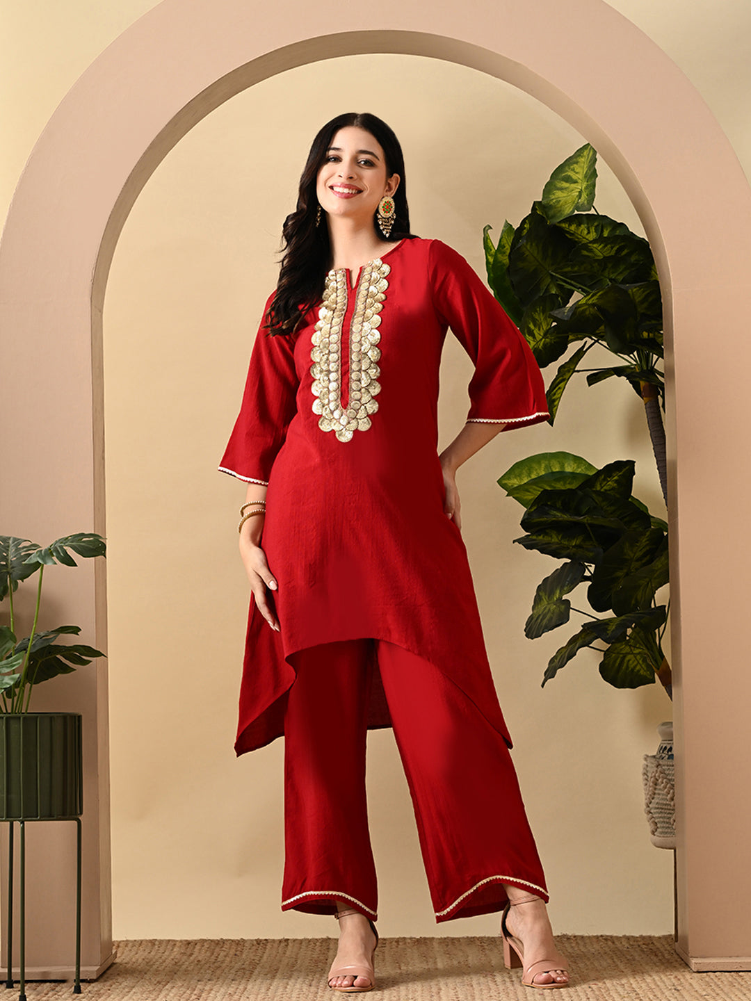 Myshka Women's Embroidered Keyhole Neck Bell Sleeves Kurta & Palazzos Set With Dupattas In Red Colour