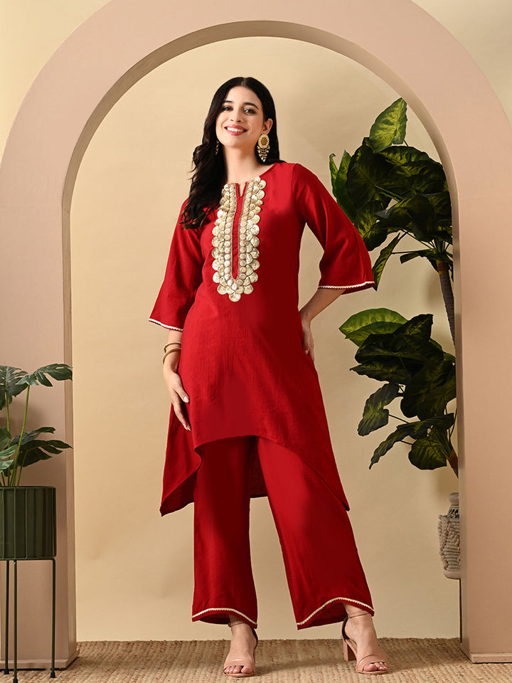 Myshka Women's Embroidered Keyhole Neck Bell Sleeves Kurta & Palazzos Set With Dupattas In Red Colour