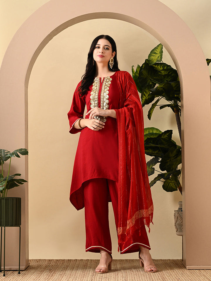 Myshka Women's Embroidered Keyhole Neck Bell Sleeves Kurta & Palazzos Set With Dupattas In Red Colour