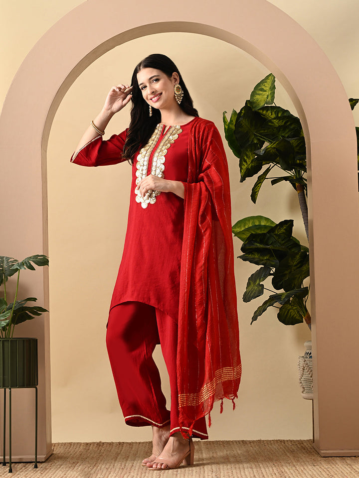 Myshka Women's Embroidered Keyhole Neck Bell Sleeves Kurta & Palazzos Set With Dupattas In Red Colour