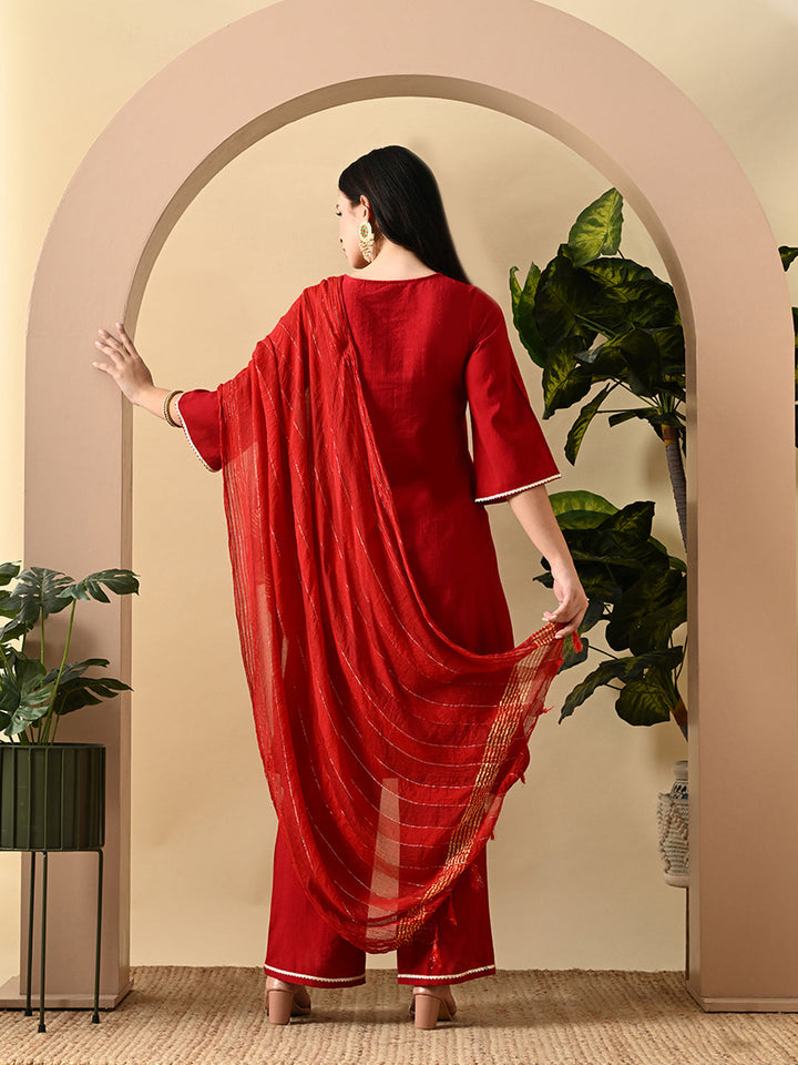 Myshka Women's Embroidered Keyhole Neck Bell Sleeves Kurta & Palazzos Set With Dupattas In Red Colour