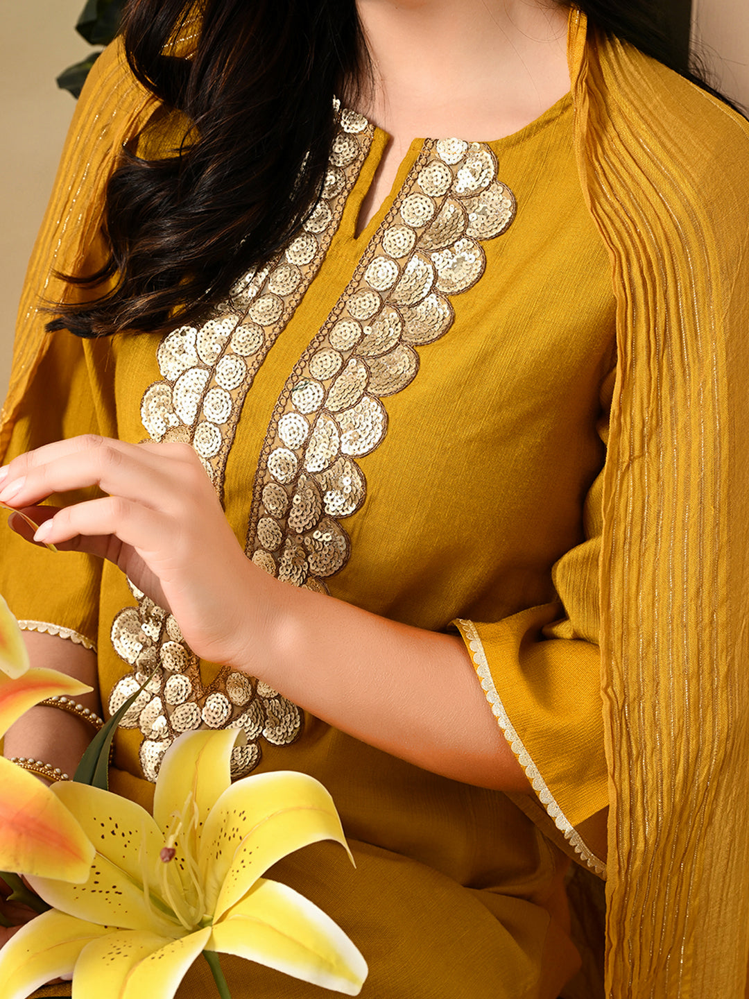 Myshka Women's Embroidered Keyhole Neck Bell Sleeves Kurta & Palazzos Set With Dupattas In Mustard Colour