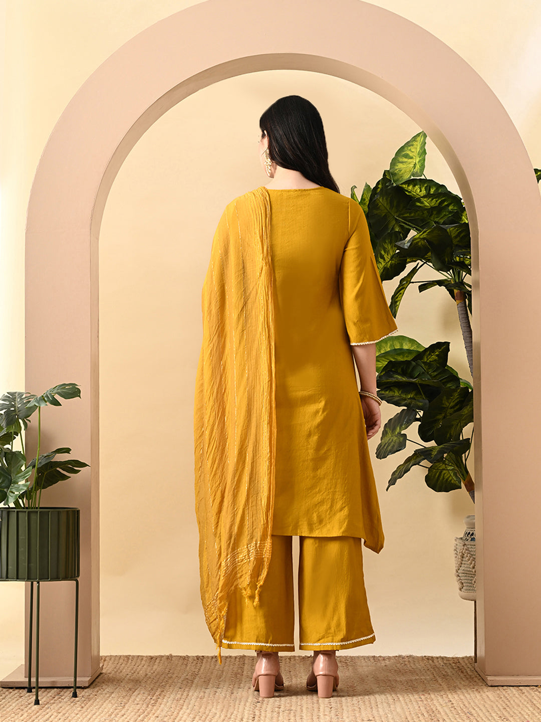 Myshka Women's Embroidered Keyhole Neck Bell Sleeves Kurta & Palazzos Set With Dupattas In Mustard Colour