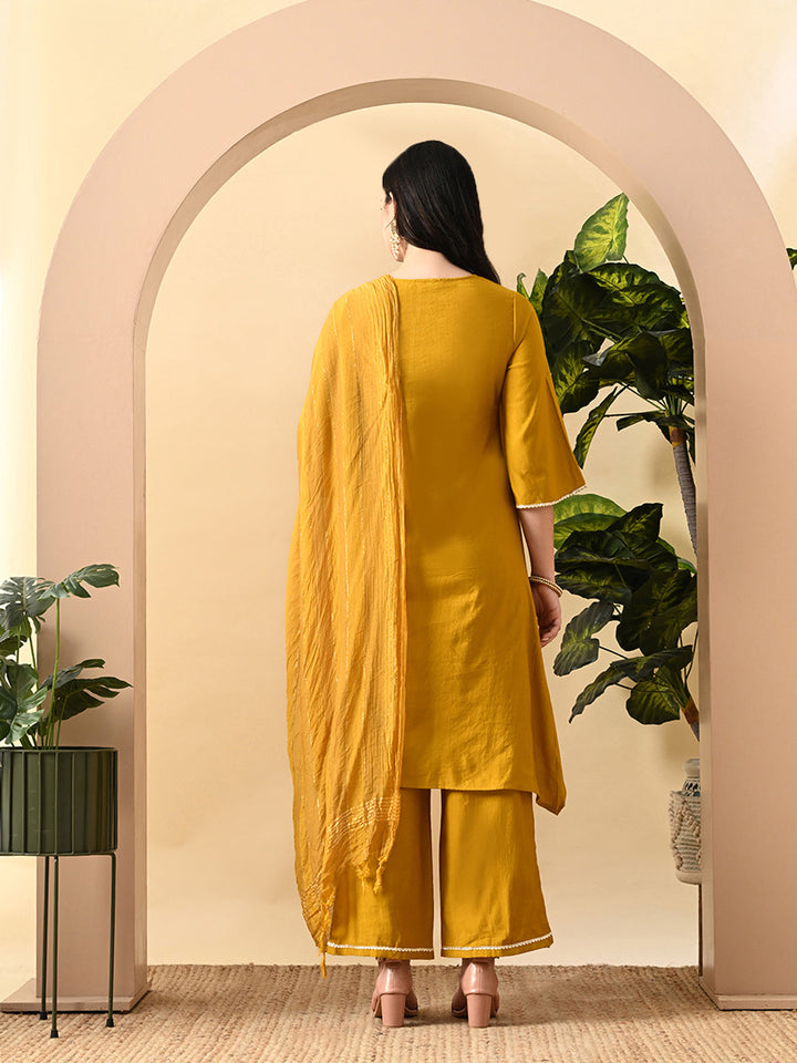 Myshka Women's Embroidered Keyhole Neck Bell Sleeves Kurta & Palazzos Set With Dupattas In Mustard Colour