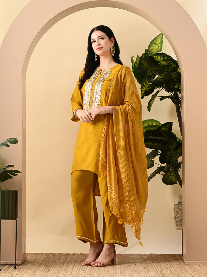 Myshka Women's Embroidered Keyhole Neck Bell Sleeves Kurta & Palazzos Set With Dupattas In Mustard Colour