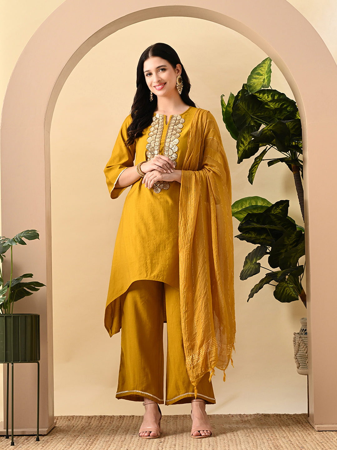Myshka Women's Embroidered Keyhole Neck Bell Sleeves Kurta & Palazzos Set With Dupattas In Mustard Colour
