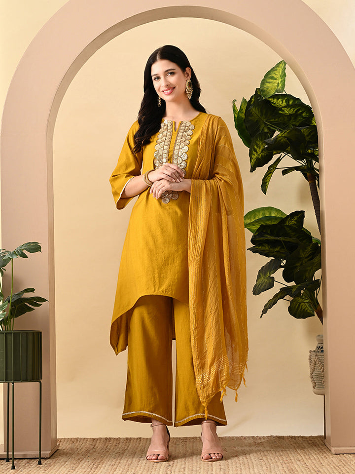 Myshka Women's Embroidered Keyhole Neck Bell Sleeves Kurta & Palazzos Set With Dupattas In Mustard Colour