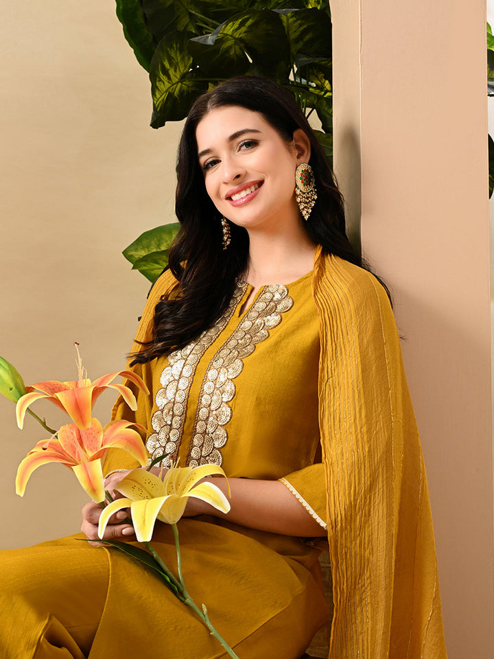 Myshka Women's Embroidered Keyhole Neck Bell Sleeves Kurta & Palazzos Set With Dupattas In Mustard Colour