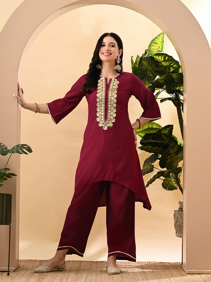 Myshka Women's Embroidered Keyhole Neck Bell Sleeves Kurta & Palazzos Set With Dupattas In Magenta Colour