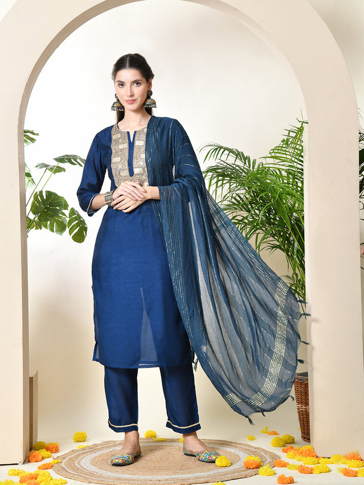 Women's Embroidered Keyhole Neck Bell Sleeves Kurta & Palazzos With Dupatta Sets in Navy Blue Colour